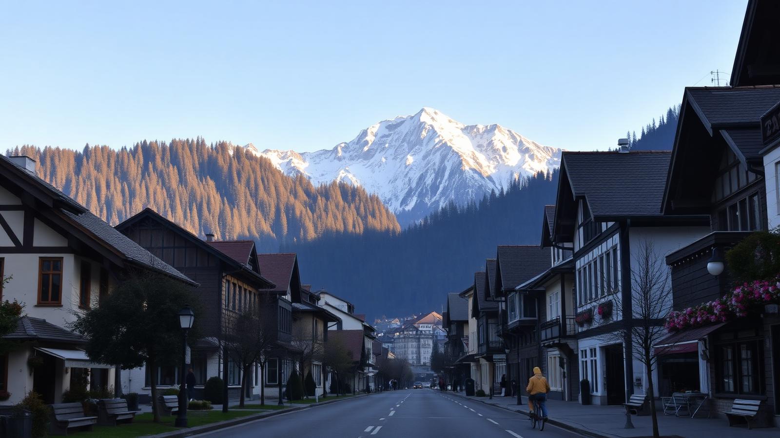 Ortsstraße in Garmisch-Partenkirchen mit verschneitem Berg im Hintergrund